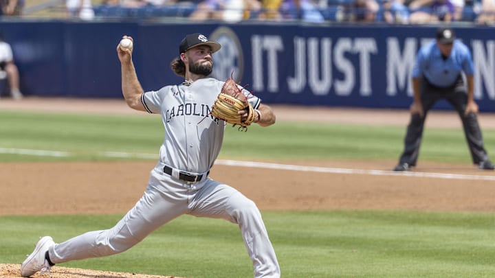 May 25, 2024; Hoover, AL, USA; South Carolina Gamecocks pitcher Sam Simpson (25) pitches against the LSU Tigers during the SEC Baseball Tournament at Hoover Metropolitan Stadium. Mandatory Credit: Vasha Hunt-Imagn Images May 25, 2024; Hoover, AL, USA; South Carolina Gamecocks pitcher Sam Simpson (25) pitches against the LSU Tigers during the SEC Baseball Tournament at Hoover Metropolitan Stadium. Mandatory Credit: Vasha Hunt-Imagn Images