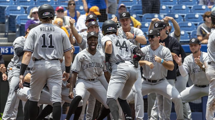 May 25, 2024; Hoover, AL, USA; South Carolina Gamecocks catcher Dalton Reeves (44) celebrates his three run hone run in the third inning against the LSU Tigers during the SEC Baseball Tournament at Hoover Metropolitan Stadium. Mandatory Credit: Vasha Hunt-Imagn Images
