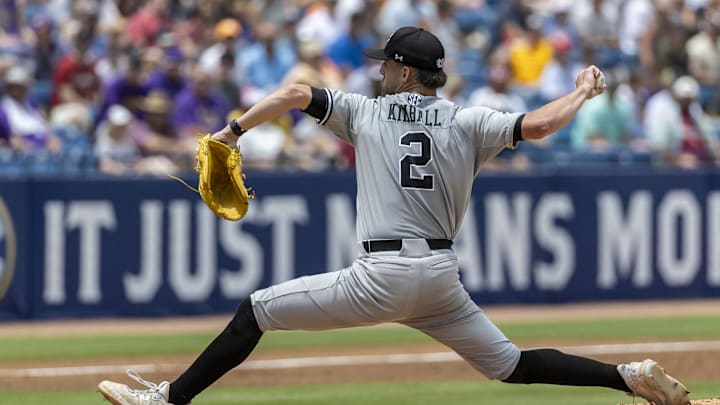 May 25, 2024; Hoover, AL, USA; South Carolina Gamecocks pitcher Roman Kimball (2) pitches against the LSU Tigers during the SEC Baseball Tournament at Hoover Metropolitan Stadium. Mandatory Credit: Vasha Hunt-Imagn Images