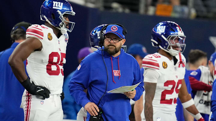 Nov 28, 2024; Arlington, Texas, USA; New York Giants head coach Brian Daboll reacts against the Dallas Cowboys during the second half at AT&T Stadium. Nov 28, 2024; Arlington, Texas, USA; New York Giants head coach Brian Daboll reacts against the Dallas Cowboys during the second half at AT&T Stadium.