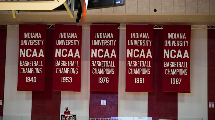 Dec 13, 2020; Bloomington, Indiana, USA; A view of the championship banners in at Simon Skjodt Assembly Hall. Mandatory Credit: Trevor Ruszkowski-Imagn Images Dec 13, 2020; Bloomington, Indiana, USA; A view of the championship banners in at Simon Skjodt Assembly Hall. Mandatory Credit: Trevor Ruszkowski-Imagn Images