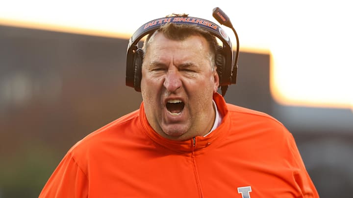 Nov 4, 2023; Minneapolis, Minnesota, USA; Illinois Fighting Illini head coach Bret Bielema reacts to a holding call during the second half against the Minnesota Golden Gophers at Huntington Bank Stadium. Mandatory Credit: Matt Krohn-Imagn Images
