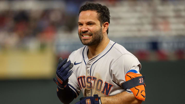 Jul 5, 2024; Minneapolis, Minnesota, USA; Houston Astros second baseman Jose Altuve (27) reacts after getting hit by a pitch during the eighth inning against the Minnesota Twins at Target Field. Jul 5, 2024; Minneapolis, Minnesota, USA; Houston Astros second baseman Jose Altuve (27) reacts after getting hit by a pitch during the eighth inning against the Minnesota Twins at Target Field.