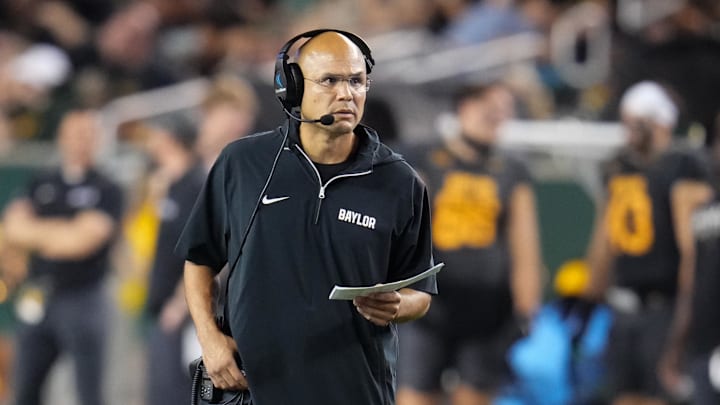 Nov 2, 2024; Waco, Texas, USA;  Baylor Bears head coach Dave Aranda reacts during a timeout against the TCU Horned Frogs during the first half at McLane Stadium. Mandatory Credit: Chris Jones-Imagn Images