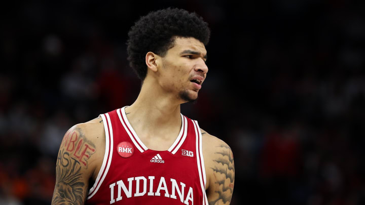 Mar 15, 2024; Minneapolis, MN, USA; Indiana Hoosiers center Kel'el Ware (1) reacts during the second half against the Nebraska Cornhuskers at Target Center. Mandatory Credit: Matt Krohn-USA TODAY Sports