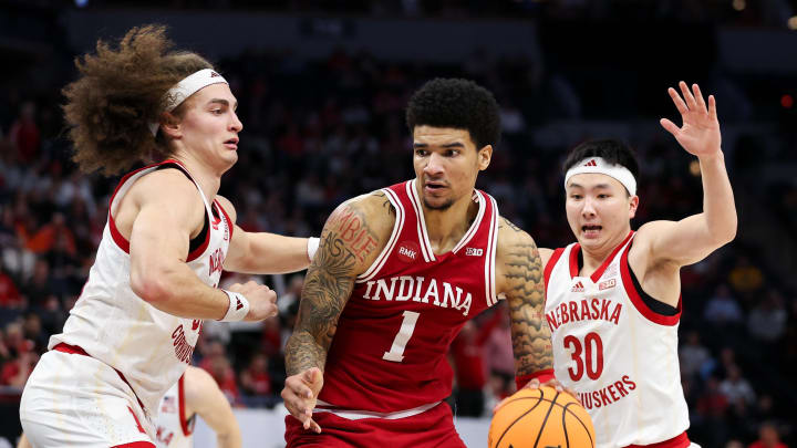 Mar 15, 2024; Minneapolis, MN, USA; Indiana Hoosiers center Kel'el Ware (1) works around Nebraska Cornhuskers forward Josiah Allick (53) during the second half at Target Center. Mandatory Credit: Matt Krohn-USA TODAY Sports Mar 15, 2024; Minneapolis, MN, USA; Indiana Hoosiers center Kel'el Ware (1) works around Nebraska Cornhuskers forward Josiah Allick (53) during the second half at Target Center. Mandatory Credit: Matt Krohn-USA TODAY Sports