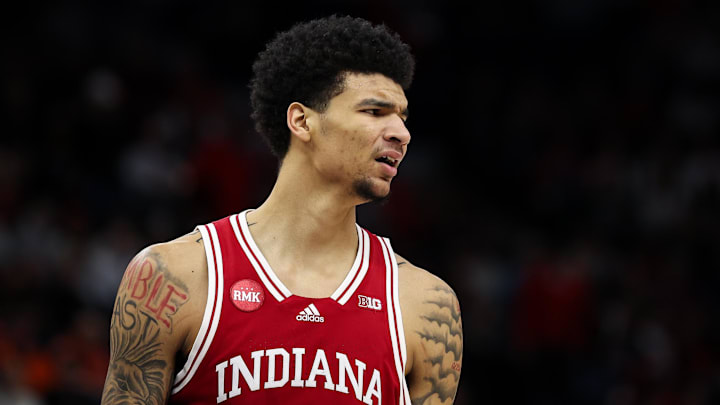Mar 15, 2024; Minneapolis, MN, USA; Indiana Hoosiers center Kel'el Ware (1) reacts during the second half against the Nebraska Cornhuskers at Target Center. Mandatory Credit: Matt Krohn-USA TODAY Sports