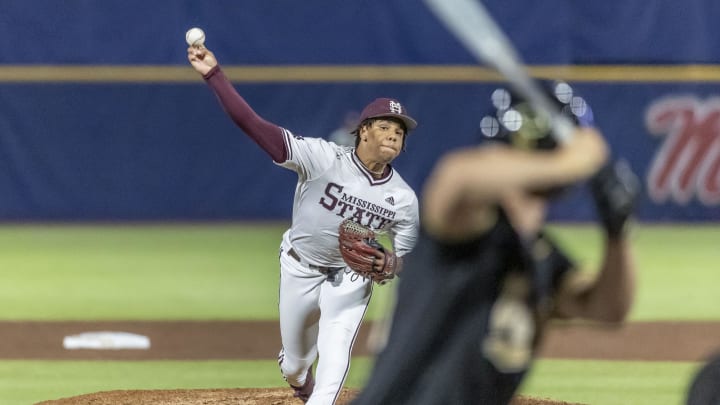 Mississippi State Bulldogs pitcher Jurrangelo Cijntje (50) pitches against the Vanderbilt Commodores during the SEC Baseball Tournament at Hoover Metropolitan Stadium. 