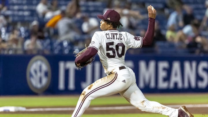 May 23, 2024; Hoover, AL, USA; Mississippi State Bulldogs pitcher Jurrangelo Cijntje (50) pitches against the Vanderbilt Commodores during the SEC Baseball Tournament at Hoover Metropolitan Stadium. Vasha Hunt-USA TODAY Sports