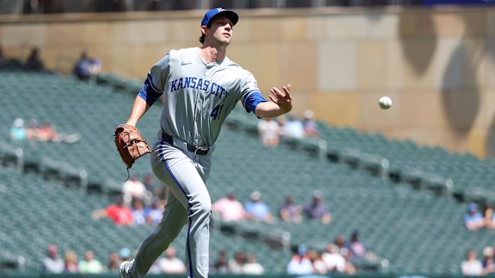 May 30, 2024; Minneapolis, Minnesota, USA; Kansas City Royals starting pitcher Daniel Lynch IV (41) flips the ball to first base to get out Minnesota Twins designated hitter Ryan Jeffers (27) during the first inning at Target Field. Mandatory Credit: Matt Krohn-Imagn Images