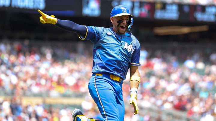 Minnesota Twins designated hitter Royce Lewis (23) celebrates his solo home run against the Oakland Athletics during the first inning of game one of a double header at Target Field in Minneapolis on June 16, 2024. 