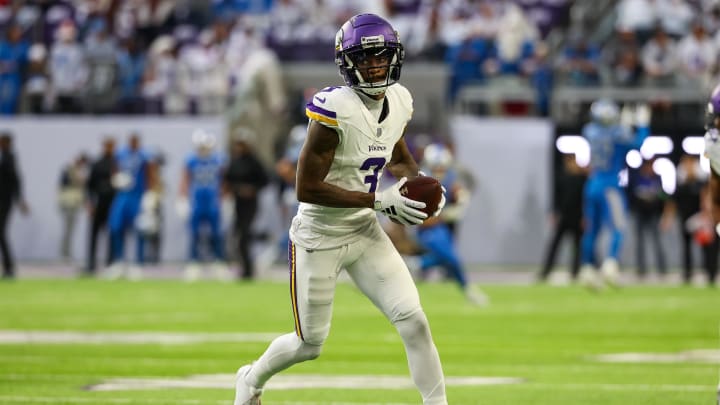 Dec 24, 2023; Minneapolis, Minnesota, USA; Minnesota Vikings wide receiver Jordan Addison (3) warms up before the game against the Detroit Lions at U.S. Bank Stadium. Mandatory Credit: Matt Krohn-USA TODAY Sports Dec 24, 2023; Minneapolis, Minnesota, USA; Minnesota Vikings wide receiver Jordan Addison (3) warms up before the game against the Detroit Lions at U.S. Bank Stadium. Mandatory Credit: Matt Krohn-USA TODAY Sports