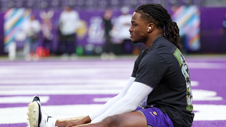 Oct 20, 2024; Minneapolis, Minnesota, USA; Minnesota Vikings linebacker Dallas Turner (15) warms up before the game against the Detroit Lions at U.S. Bank Stadium. Mandatory Credit: Matt Krohn-Imagn Images