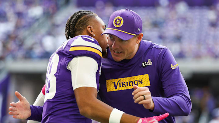 Oct 20, 2024; Minneapolis, Minnesota, USA; Minnesota Vikings wide receiver Justin Jefferson (18) hugs head coach Kevin O'Connell before the game against the Detroit Lions at U.S. Bank Stadium. Mandatory Credit: Matt Krohn-Imagn Images