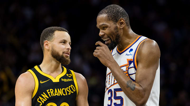 Feb 10, 2024; San Francisco, California, USA; Golden State Warriors guard Stephen Curry (30) and Phoenix Suns forward Kevin Durant (35) talk during the second half at Chase Center. Mandatory Credit: John Hefti-Imagn Images Feb 10, 2024; San Francisco, California, USA; Golden State Warriors guard Stephen Curry (30) and Phoenix Suns forward Kevin Durant (35) talk during the second half at Chase Center. Mandatory Credit: John Hefti-Imagn Images