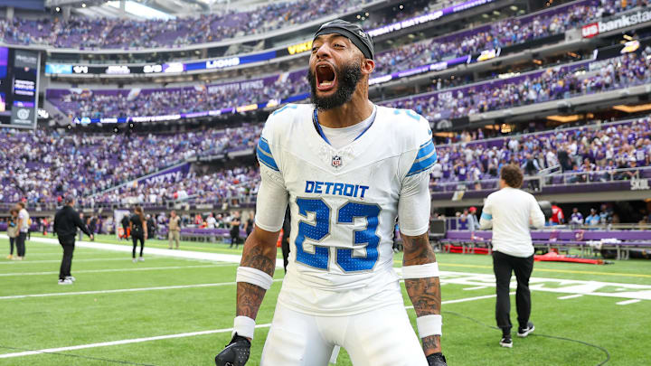 Oct 20, 2024; Minneapolis, Minnesota, USA; Detroit Lions cornerback Carlton Davis III (23) celebrates his teams win after the game against the Minnesota Vikings at U.S. Bank Stadium. Mandatory Credit: Matt Krohn-Imagn Images