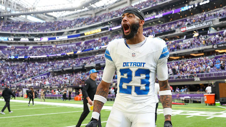 Oct 20, 2024; Minneapolis, Minnesota, USA; Detroit Lions cornerback Carlton Davis III (23) celebrates his teams win after the game against the Minnesota Vikings at U.S. Bank Stadium. Mandatory Credit: Matt Krohn-Imagn Images