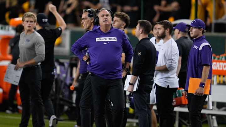 Nov 2, 2024; Waco, Texas, USA; TCU Horned Frogs head coach Sonny Dykes reacts against the Baylor Bears during the second half at McLane Stadium. Mandatory Credit: Chris Jones-Imagn Images Nov 2, 2024; Waco, Texas, USA; TCU Horned Frogs head coach Sonny Dykes reacts against the Baylor Bears during the second half at McLane Stadium. Mandatory Credit: Chris Jones-Imagn Images