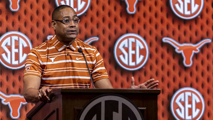 Oct 15, 2024; Birmingham, AL, USA; Texas Longhorns head coach Rodney Terry talks with the media during SEC Media Days at Grand Bohemian Hotel. Mandatory Credit: Vasha Hunt-Imagn Images
