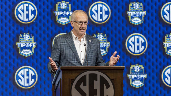Oct 16, 2024; Birmingham, AL, USA; SEC commissioner Greg Sankey talks with the media during SEC Media Days at Grand Bohemian Hotel. Mandatory Credit: Vasha Hunt-Imagn Images Oct 16, 2024; Birmingham, AL, USA; SEC commissioner Greg Sankey talks with the media during SEC Media Days at Grand Bohemian Hotel. Mandatory Credit: Vasha Hunt-Imagn Images