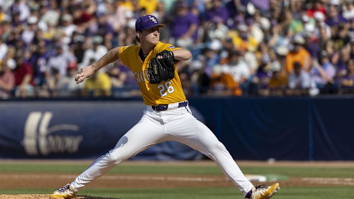 Hoover, AL, USA; LSU Tigers pitcher Thatcher Hurd (26) pitches against the Tennessee Volunteers during the championship game between Tennessee and LSU at the SEC Baseball Tournament at Hoover Metropolitan Stadium.
