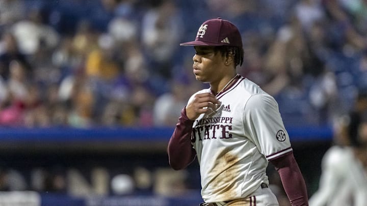 Mississippi State Bulldogs pitcher Jurrangelo Cijntje (50) walks off after a defensive half inning against the Vanderbilt Commodores  during the SEC Baseball Tournament at Hoover Metropolitan Stadium in 2024.
