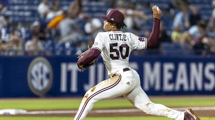 Mississippi State Bulldogs pitcher Jurrangelo Cijntje (50) pitches against the Vanderbilt Commodores during the SEC Baseball Tournament at Hoover Metropolitan Stadium in 2024.