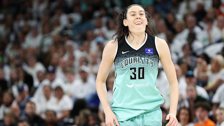 Oct 16, 2024; Minneapolis, Minnesota, USA; New York Liberty forward Breanna Stewart (30) reacts to her shot against the Minnesota Lynx during the second half of game three of the 2024 WNBA Finals at Target Center. Mandatory Credit: Matt Krohn-Imagn Images