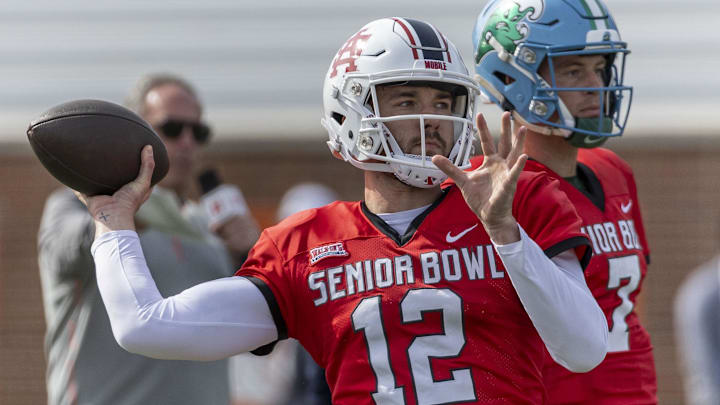 Feb 1, 2024; Mobile, AL, USA; American quarterback Carter Bradley of South Alabama (12) throws the ball during practice for the American team at Hancock Whitney Stadium. Mandatory Credit: Vasha Hunt-USA TODAY Sports