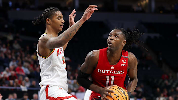 Mar 13, 2024; Minneapolis, MN, USA; Rutgers Scarlet Knights center Clifford Omoruyi (11) works around Maryland Terrapins forward Julian Reese (10) during the first half at Target Center. Mandatory Credit: Matt Krohn-Imagn Images Mar 13, 2024; Minneapolis, MN, USA; Rutgers Scarlet Knights center Clifford Omoruyi (11) works around Maryland Terrapins forward Julian Reese (10) during the first half at Target Center. Mandatory Credit: Matt Krohn-Imagn Images