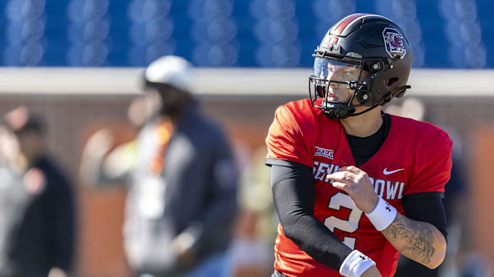 Jan 31, 2024; Mobile, AL, USA; American quarterback Spencer Rattler of South Carolina (2) throws the Jan 31, 2024; Mobile, AL, USA; American quarterback Spencer Rattler of South Carolina (2) throws the