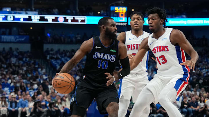 Apr 12, 2024; Dallas, Texas, USA; Dallas Mavericks forward Tim Hardaway Jr. (10) looks to pass