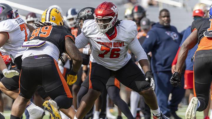 Feb 1, 2024; Mobile, AL, USA; American offensive lineman Patrick Paul of Houston (76).