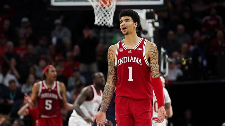 Mar 15, 2024; Minneapolis, MN, USA; Indiana Hoosiers center Kel'el Ware (1) reacts during the first Mar 15, 2024; Minneapolis, MN, USA; Indiana Hoosiers center Kel'el Ware (1) reacts during the first