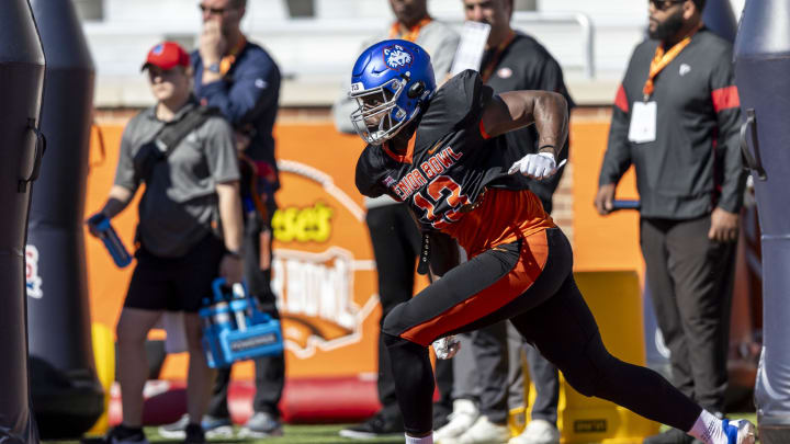 Jan 31, 2024; Mobile, AL, USA; American edge Jalyx Hunt of Houston Christian (13) works through a Jan 31, 2024; Mobile, AL, USA; American edge Jalyx Hunt of Houston Christian (13) works through a