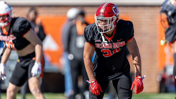 Jan 31, 2024; Mobile, AL, USA; National defensive back Sione Vaki of Utah (34) practices on special teams at the Senior Bowl.