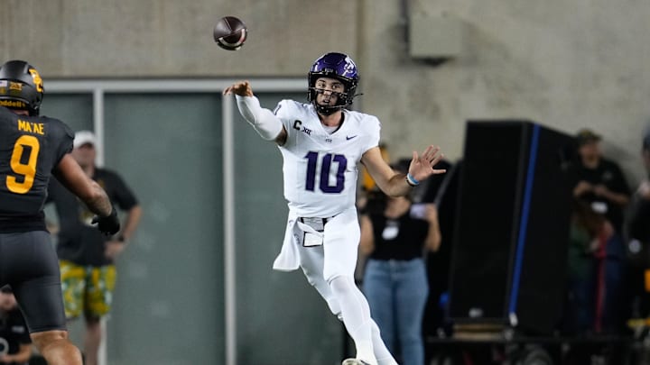 Nov 2, 2024; Waco, Texas, USA;  TCU Horned Frogs quarterback Josh Hoover (10) passes the ball against the Baylor Bears during the first half at McLane Stadium. Mandatory Credit: Chris Jones-Imagn Images