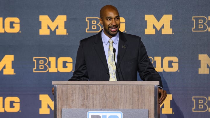 Oct 10, 2023; Minneapolis, MN, USA; Michigan Wolverines assistant coach Saddi Washington speaks to the media during the Big Ten basketball media days at Target Center. Mandatory Credit: Matt Krohn-USA TODAY Sports