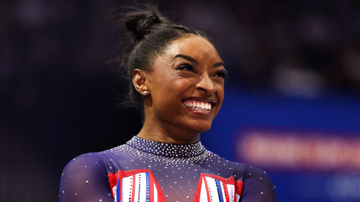Jun 30, 2024; Minneapolis, Minnesota, USA; Simone Biles reacts during the U.S. Olympic Team Gymnastics Trials at Target Center. Mandatory Credit: Matt Krohn-USA TODAY Sports