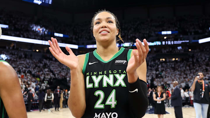 Minnesota Lynx forward Napheesa Collier (24) celebrates her teams win after game four of the 2024 WNBA Finals against the New York Liberty at Target Center. 
