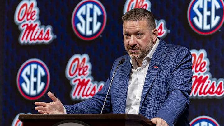 Oct 15, 2024; Birmingham, AL, USA; Ole Miss Rebels head coach Chris Beard talks with the media during SEC Media Days at Grand Bohemian Hotel. Mandatory Credit: Vasha Hunt-Imagn Images Oct 15, 2024; Birmingham, AL, USA; Ole Miss Rebels head coach Chris Beard talks with the media during SEC Media Days at Grand Bohemian Hotel. Mandatory Credit: Vasha Hunt-Imagn Images