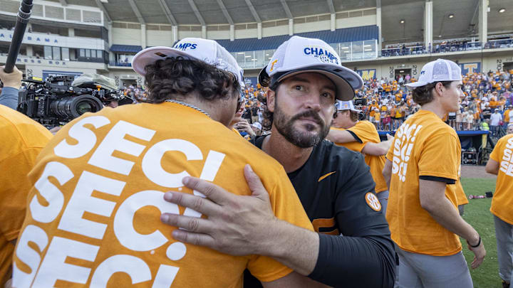 May 26, 2024; Hoover, AL, USA; Tennessee Volunteers head coach Tony Vitello celebrates with his team after the championship game between Tennessee and LSU at the SEC Baseball Tournament at Hoover Metropolitan Stadium. Mandatory Credit: Vasha Hunt-Imagn Images