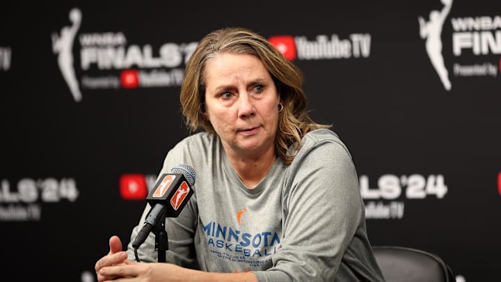 Oct 18, 2024; Minneapolis, Minnesota, USA; Minnesota Lynx head coach Cheryl Reeve talks to the media before game four of the 2024 WNBA Finals against the New York Liberty at Target Center. Mandatory Credit: Matt Krohn-Imagn Images