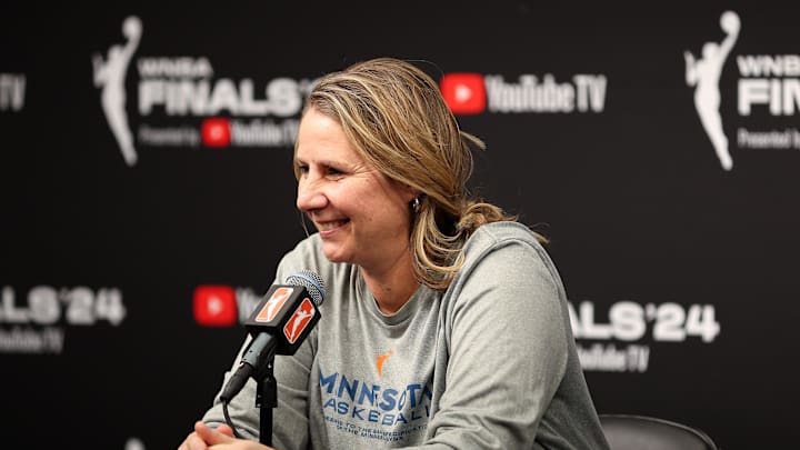 Oct 18, 2024; Minneapolis, Minnesota, USA; Minnesota Lynx head coach Cheryl Reeve talks to the media before game four of the 2024 WNBA Finals against the New York Liberty at Target Center. Mandatory Credit: Matt Krohn-Imagn Images Oct 18, 2024; Minneapolis, Minnesota, USA; Minnesota Lynx head coach Cheryl Reeve talks to the media before game four of the 2024 WNBA Finals against the New York Liberty at Target Center. Mandatory Credit: Matt Krohn-Imagn Images