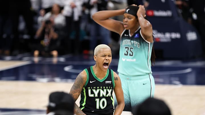 Oct 18, 2024; Minneapolis, Minnesota, USA; Minnesota Lynx guard Courtney Williams (10) celebrates against the New York Liberty during the second half of game four of the 2024 WNBA Finals at Target Center. Mandatory Credit: Matt Krohn-Imagn Images