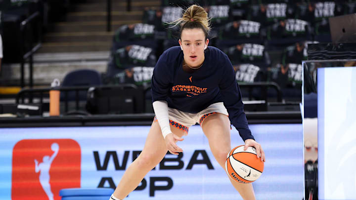 Oct 8, 2024; Minneapolis, Minnesota, USA; Connecticut Sun guard Marina Mabrey (4) warms up before game five of the 2024 WNBA playoffs against the Minnesota Lynx at Target Center. Mandatory Credit: Matt Krohn-Imagn Images Oct 8, 2024; Minneapolis, Minnesota, USA; Connecticut Sun guard Marina Mabrey (4) warms up before game five of the 2024 WNBA playoffs against the Minnesota Lynx at Target Center. Mandatory Credit: Matt Krohn-Imagn Images