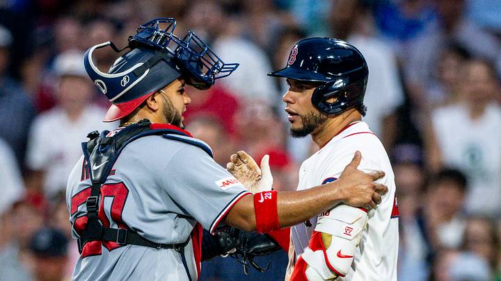 Jun 30, 2026; Boston, Massachusetts, USA; Washington Nationals catcher Keibert Ruiz (20) and Boston Red Sox first baseman Willson Contreras (40) enter an altercation in the fourth inning at Fenway Park. Mandatory Credit: Jaiden Tripi-Imagn Images