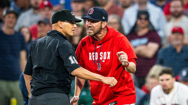 Jun 30, 2026; Boston, Massachusetts, USA; Interim manager Chad Tracy argues with umpire Vic Carapazza after an altercation in the fourth inning against the Washington Nationals at Fenway Park. Mandatory Credit: Jaiden Tripi-Imagn Images