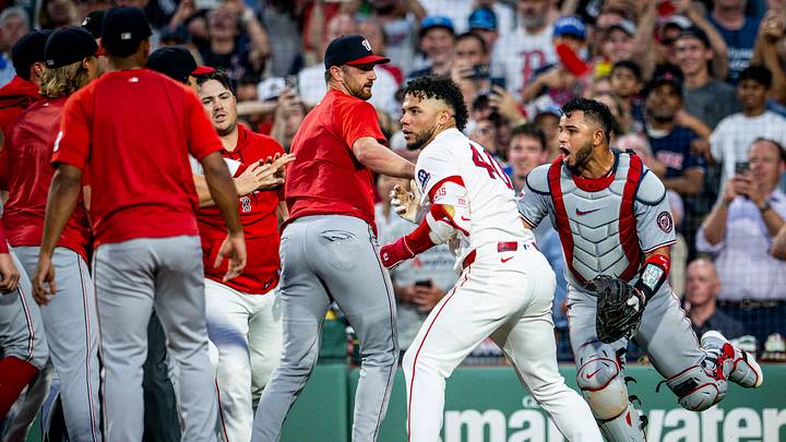 Jun 30, 2026; Boston, Massachusetts, USA; Boston Red Sox first baseman Willson Contreras (40) gets into an altercation in the fourth inning against the Washington Nationals  at Fenway Park. Mandatory Credit: Jaiden Tripi-Imagn Images