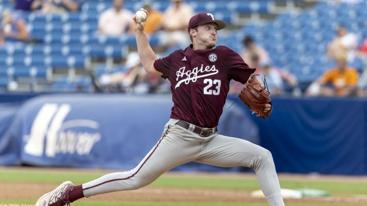 May 23, 2024; Hoover, AL, USA; Texas A&M Aggies pitcher Tanner Jones (23) pitches against the Tennessee Volunteers during the SEC Baseball Tournament at Hoover Metropolitan Stadium. May 23, 2024; Hoover, AL, USA; Texas A&M Aggies pitcher Tanner Jones (23) pitches against the Tennessee Volunteers during the SEC Baseball Tournament at Hoover Metropolitan Stadium.